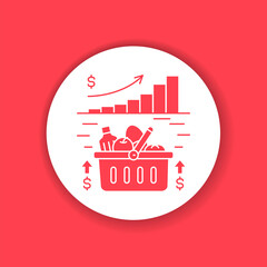 Expensive food basket color icon. Rising food prices. Economic crisis. Sign for web page, app. UI UX GUI design element.