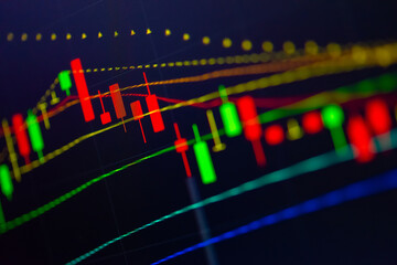 Financial data of stock market in term of a digital prices on LED display. A number of daily market price and quotation of prices chart to represent candle stick tracking in Forex trading.