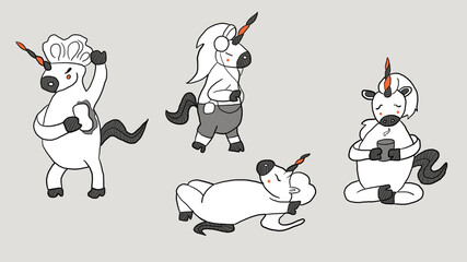 Funny unicorns on the gray background