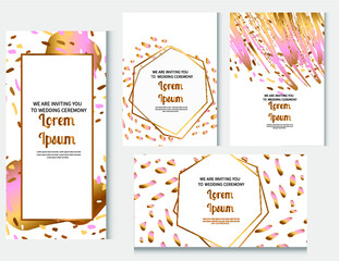 Wedding invitation frame set. Rose Gold abstract animal skin pattern. Watercolor stripes  background. Hand drawn golden abstract tiger skin background with watercolor stripes and waves.-stock vector © Ingibiork