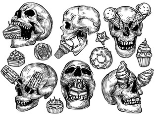 Tattoo art Skull ice-cream hand drawing and sketch black and white