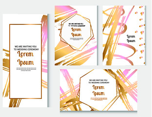 Wedding invitation frame set. Rose Gold abstract animal skin pattern. Watercolor stripes  background. Hand drawn golden abstract tiger skin background with watercolor stripes and waves.-stock vector © Ingibiork