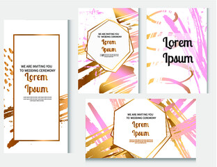 Wedding invitation frame set. Rose Gold abstract animal skin pattern. Watercolor stripes  background. Hand drawn golden abstract tiger skin background with watercolor stripes and waves.-stock vector © Ingibiork