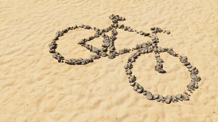 Concept conceptual stones on beach sand handmade symbol shape, golden sandy background, bicycle sign.  3d illustration metaphor for recreation,  health, sport, ecological transportation or work