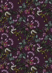  Flowers and leaves in vintage style, seamless pattern.