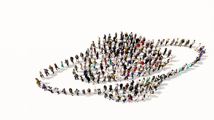 Concept conceptual large community of people forming the internet icon. 3d illustration metaphor for communication, technology, network, connection, travel and business