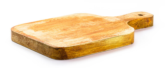 Kitchen utensils, vintage wooden chopping board, isolated white background
