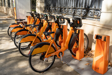 Fototapeta premium Municipal bicycle rental station. Healthy and ecological form of transport. Bicycles with satellite locator.