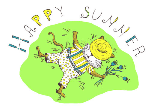 Color summer jpg print. Hand drawn. Cartoony happy cat with a bouquet of flowers. Celebracion universal design template for gift polygraphy and textiles. Handwritten font inscription "Hello summer".