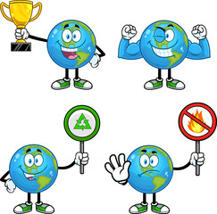 Earth Globe Cartoon Character Poses. Vector Collection Set Isolated On White Background