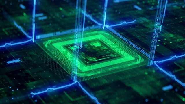 Technology Background CPU Circuit. 3D visualization AI Processor Power. Colorful Green and Blue Digitalization Process. Data Transmission in Futuristic Board Chip Virtual Computer Animation Closeup 4K