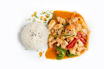 Roasted chicken breast with curry sauce, served with rice