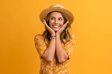 beautiful attractive stylish woman in yellow dress and straw hat