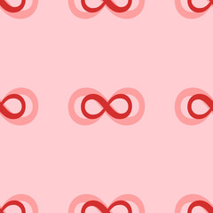 Seamless pattern of large isolated red infinity symbols. The elements are evenly spaced. Vector illustration on light red background