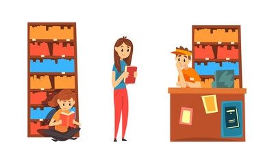 Students Taking and Reading Books in Library, People Choosing and Bying Book in Bookstore Cartoon Vector Illustration