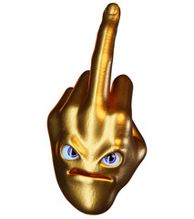 Hand showing middle finger emoji face golden funny. Fuck you stylized cartoon character. Aggressive metaphor emoticon concept. 3d illustration