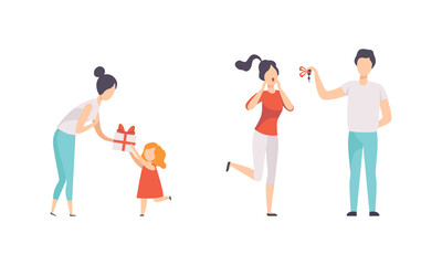 People Celebrating Holidays Set, Friends and Parents Giving Gifts and Having Fun at Birthday Party Flat Vector Illustration