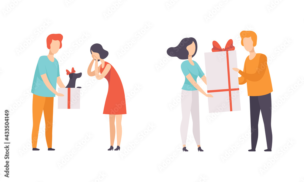 Sticker People Giving Gifts to their Beloveds Set, Man and Woman Celebrating Holidays Flat Vector Illustration