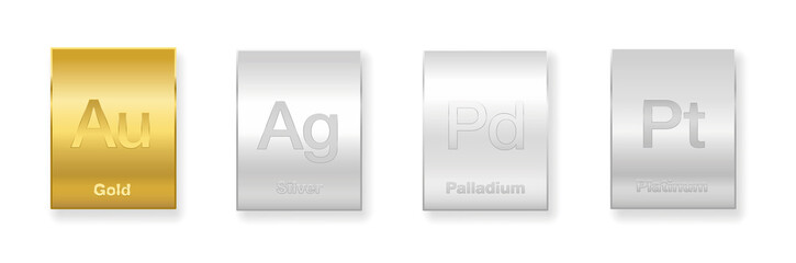 Gold, silver, platinum and palladium bars. Four precious metals, chemical elements with a high economic value. Isolated vector illustration on white background.
 - obrazy, fototapety, plakaty