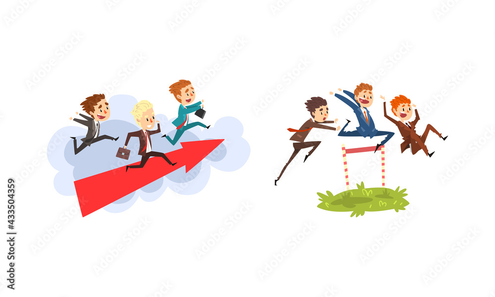 Poster Business People Competition Set, Office Employees Competing Among Themselves Cartoon Vector Illustration