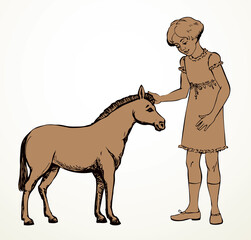 Pretty small girl with pony. Vector drawing kid