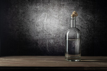 A bottle with a strong drink, on a wooden table top, on a background with a stain
