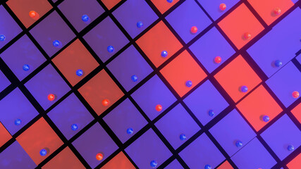 abstract background of red and blue tiles with spheres. 3d render illustration
