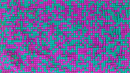 abstract background of purple and turquoise rows of cubes with glowing texture. 3d render illustration