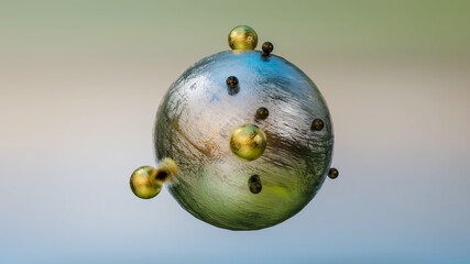 gold and black small balls on the surface of a silvery large sphere. abstract three-dimensional composition. 3d render illustration