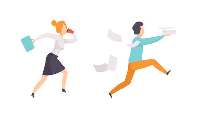 Fototapeta na wymiar People Running with Briefcase, Business Person Rushing in Hurry to Get on Time Set Flat Vector Illustratio