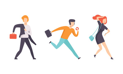Fototapeta na wymiar Set of Business People Running with Briefcase, Male and Female Persons Rushing in Hurry to Get on Time Flat Vector Illustration
