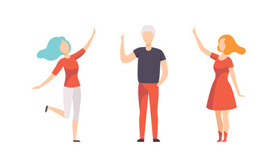 Fototapeta na wymiar Set of People Pointing with their Finger Up, Young Man and Woman Gesturing with their Index Fingers Flat Vector Illustration