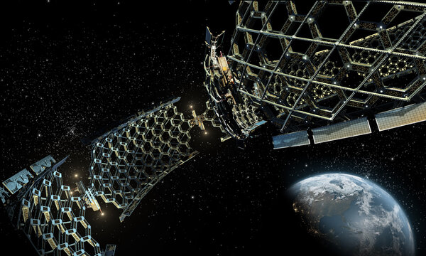 Hexagonal mesh spaceship approaching Earth