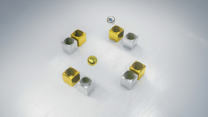 silver and gold balloons fly on a gray background. abstract composition 3d render illustration