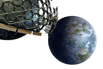 Honeycomb space station and spherical mother ship near Earth