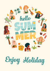 Fototapeta premium Summer illustration with cute women. Summer holliday, vacation, travel. Vector template