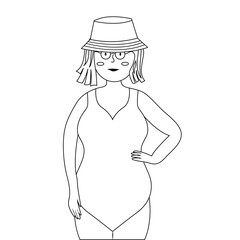 Plus size girl in hat and swimsuit doodle. Attractive overweight woman. Happy body positive concept. Different is beautiful. Vector hand drawing illustration.