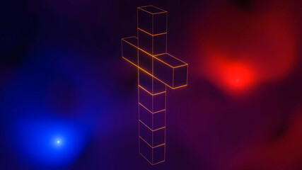 cross with a yellow glowing outline in the smoke. 3d render illustration