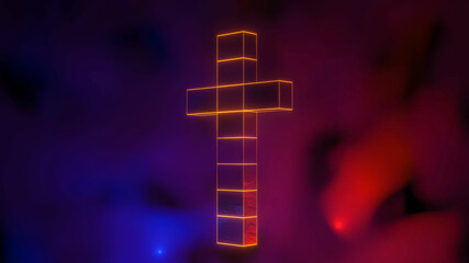 cross with a yellow glowing outline in the smoke. 3d render illustration
