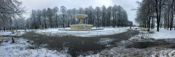 Panorama of the fountain in the Saxon Garden in winter. Warsaw, Poland