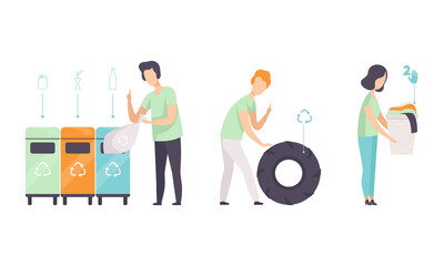 People Sorting Waste for Recycling Set, Male and Female Characters Separating Trash to Reduce Environmental Pollution Flat Vector Illustration