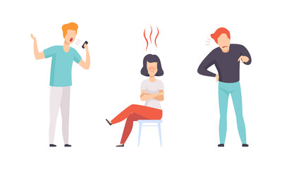 Angry Furious People Set, Aggressive Male and Female Characters Yelling, Arguing and Gesturing Flat Vector Illustration
