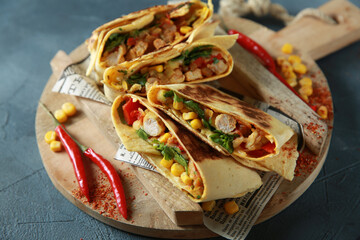 Mexican cuisine. Tortilla with vegetables, herbs, corn, meat, chili pepper and spices. Chimichanga on an old wooden board. Background image, copy space