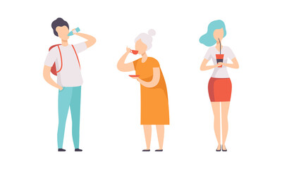 Set of People Drinking Various Drinks, Male and Female Characters with Tea, Water and Soda Drinks Flat Vector Illustration