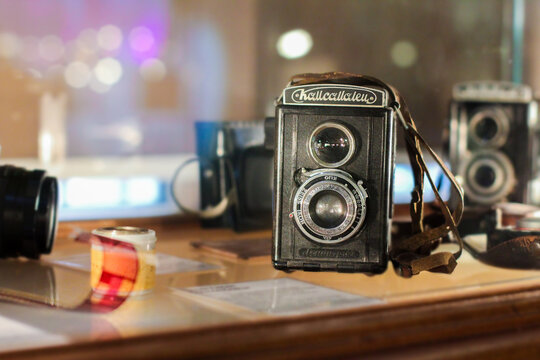 Russia, Saint Petersburg November 5, 2020 an exhibit of a vintage Komsomolets camera in the Museum of Optics