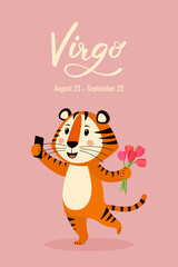 The zodiac sign is Virgo. A postcard with a tiger, the symbol of 2022, the year of the tiger according to the lunar or Chinese calendar. Vector stock flat hand-drawn illustration 