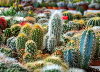 Many various types of cactus are beautiful. In a cactus market or a cactus farm.