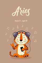 The zodiac sign is Aries. A postcard with a tiger, the symbol of 2022, the year of the tiger according to the lunar or Chinese calendar. Vector stock flat hand-drawn illustration 