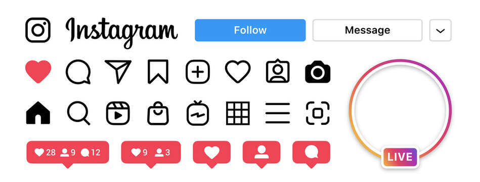 Instagram UI icons set. Isolated buttons, symbols, elements on white background. Social media interface icon app. Like, comment, follow, live, IGTV, shop, notification collection. Vector illustration.