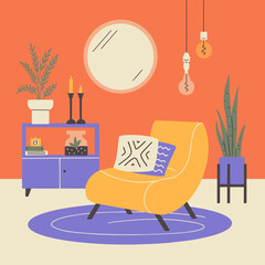 Scandinavian or japandi style home decor. Cozy interior design of modern apartment with houseplants, armchair, sideboard, round mirror. Boho pillows, candles. Living room furniture vector illustration